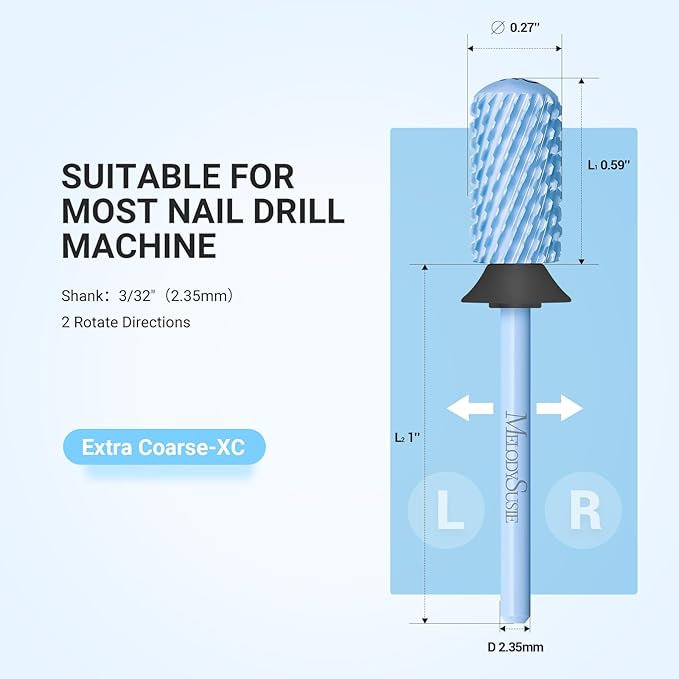 MelodySusie Safety Nail Drill Bits, 3/32'' Smooth Round Top Large Barrel Carbide Bits, Suitable for Manicure Pedicure Cuticle Gel Polishing, Beginners Bits, Light Blue, Series Bit-S, XC