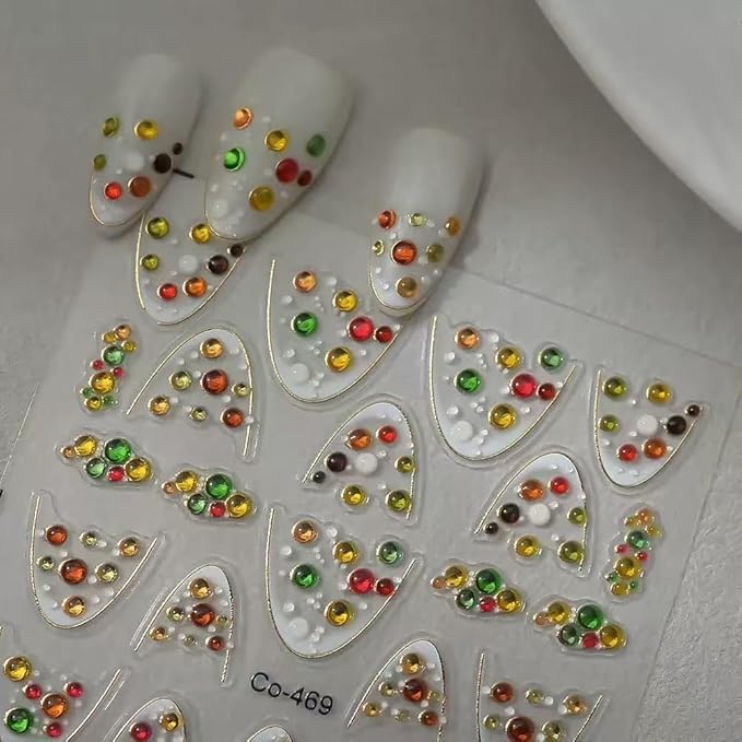 2 Sheets French Tip Nail Stickers for Nail Art Red Gems Design Nails Decals 5D Self Adhesive Colorful Rhinestone French Nails Art Stickers for Women Luxury Manicure Decoration Accessories