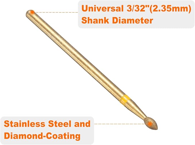 HARFINGTON 8pcs 325-400 Grits Diamond Grinding Bit 2.3mm Oval Head 2.35mm Shank 4mm Length Titanium Plated Stone Sanding Drill Bits Rotary Tool for Nails Grinding Polishing
