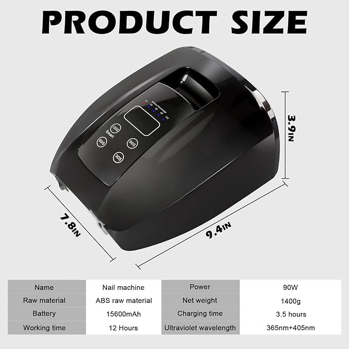 90W Professional Wireless Cordless Rechargeable UV LED Nail Lamp,Nail Lamp Gel Nail Curing Dryer Light for Nails with 45 Beads,4 Timer Setting LCD Display Nail Polish Machine (Black)