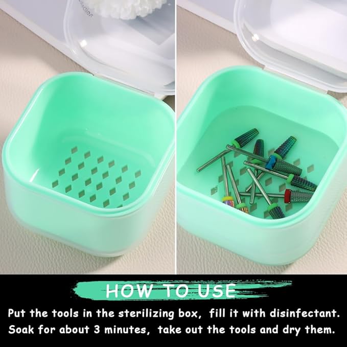 Nail Tool Sterilizer Box Plastic Sterilization Tray for Nail Art Accessories Tools, Portable Disinfectant Container Soaking Box with Strainer for Nail Drill Bits Manicure Cleaning Equipment