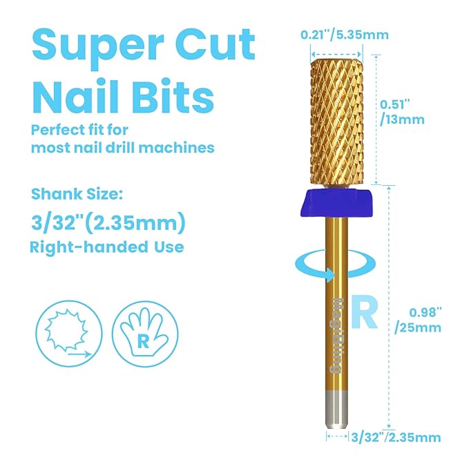 3/32'' Super Cut Nail Drill Bits for Fast Hard Gel Removal, MagiBling Tungsten Carbide Bits for Professional Users, Upward Deep Cut, Right Hand Use, Manicure Cuticle Gel Polishing, Medium.