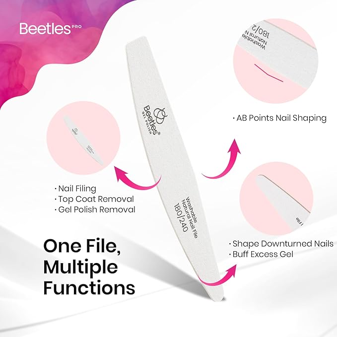 Beetles Pro 10-Pcs Nail File – Professional 180/240 Grit Washable Natural Nail File Double Sided Wood Board Nails Files for Acrylic, Gel & Natural Nails – Salon Quality Manicure Tool
