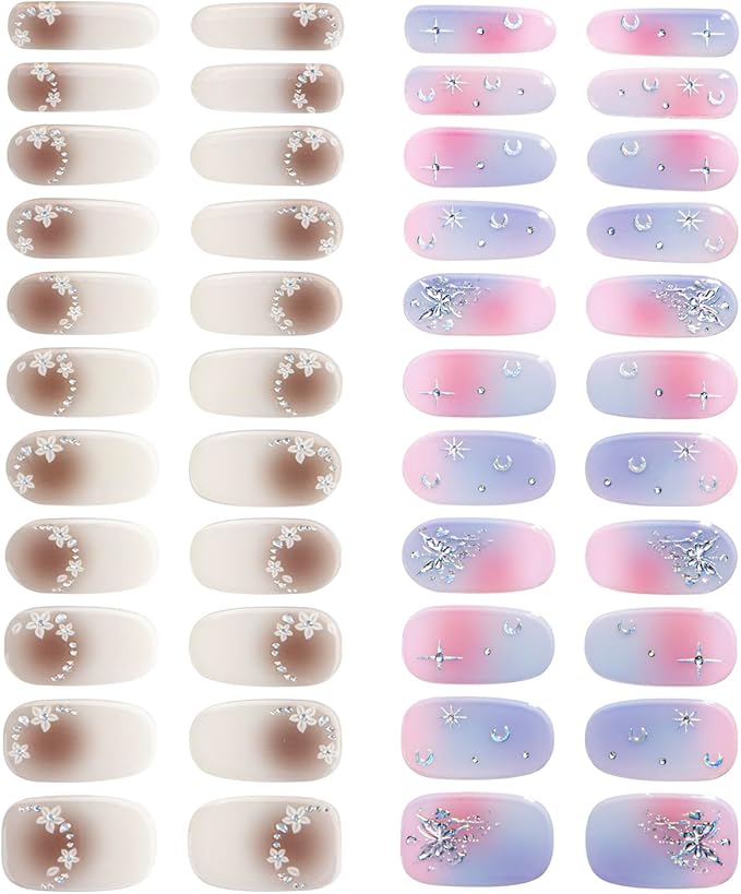 No Lamp Gel Nail Strips 44 Pcs Wraps - Gradient Brown + Pink Purple, Easy Apply Gel Nail Stickers Long Lasting, Salon-Quality, 4 Prep Pads, 2 File, 2 Wooden Stick