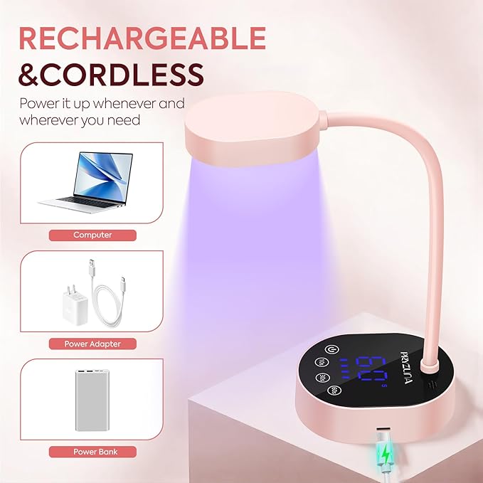 UV LED Nail Lamp, Cordless Gooseneck Mini Flash Cure UV Lamp for Gel X Nails, 36W Portable USB Rechargeable Nail Dryer with Auto Sensor, 4 Timers & LCD Display for DIY Home Manicure (Pink)