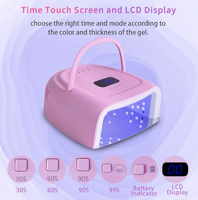 Rechargeable LED Gel Nail Lamp,60W Cordless UV Led Nail Light Nail Dryer for Gel Nails with Lifting Handle Touch Sensor LCD Screen (Pink)