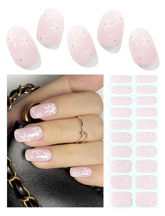 Semi Cured Gel Nail Strips, Pink Summer Flower 20pcs Semi Cured Gel Nails Sticker, Gel Nail Wraps UV for Home Nails DIY