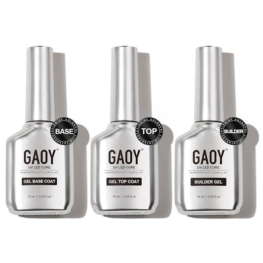 GAOY Gel Top Coat, Builder Gel and Base Coat Set, 3 Pcs 16ml Clear Glossy No Wipe Combination for UV Light Cure