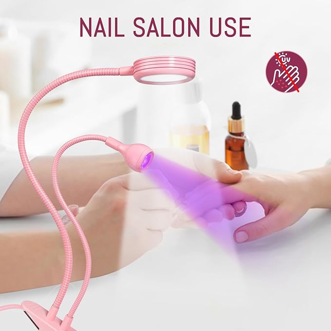 AORAEM LED Nail Lamp Double-Headed UV LED Light Quicky-Dry Duck Neck UV Lamp Dryer Curing Light with Portable Gooseneck and Clamp Flash Cure U V Light for Gel Nails Professional Home DIY Salon Pink