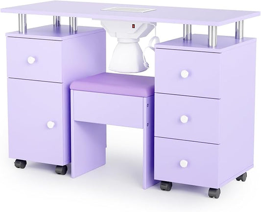 OmySalon Nail Desk and Chair Set, Manicure Table with Dust Collector, Arm Rest, 8 Wheels, Acetone Resistant Desktop, Drawers & Cabinet Storage for Makeup Beauty Salon (Lavender)