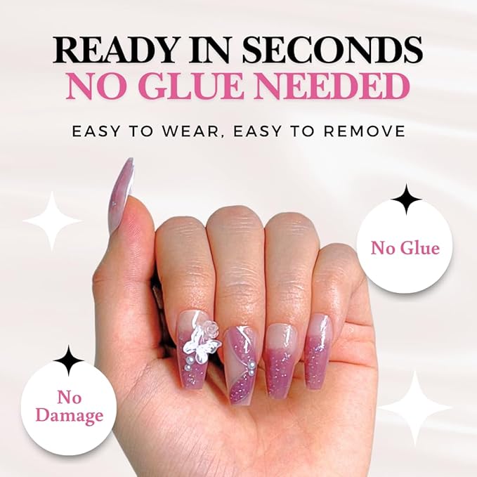 Perfect Look Press On Nails - Butter Rose | No Glue One-Day Long Coffin Fake Nails, Rose Pink Glitter Nails with Pearl - 24 Pcs Nail Kit with Adhesive Tabs