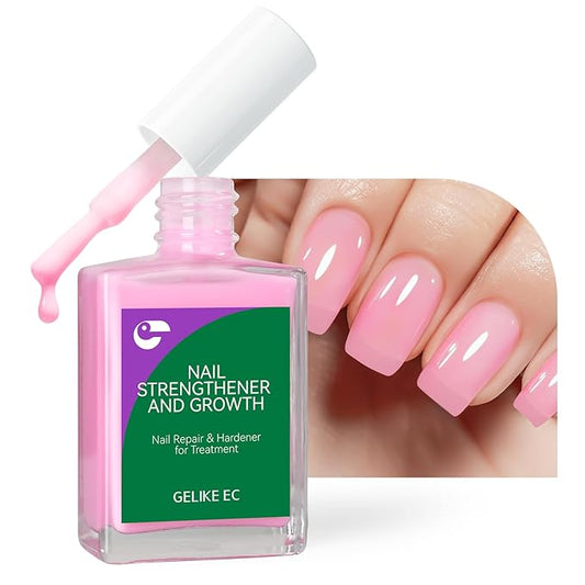 Nail Polish Strengthener and Growth Treatment: Pink 15ml Gelike EC Natural Nail Hardener Extra Strong and Growth - Long Lasting Nail Repair for Damaged Nails - For Daily Work Home Salon