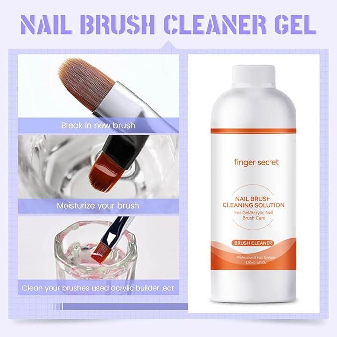 Nail Brush Cleaner Brush Cleaner 4fl.oz 120ml Remover Cleanser Clean and Care Acrylic Nail Brushes Gel Nail Polish Brushes Nail Brushes 50 cotton flakes crystal glass NailS Tech Supplies
