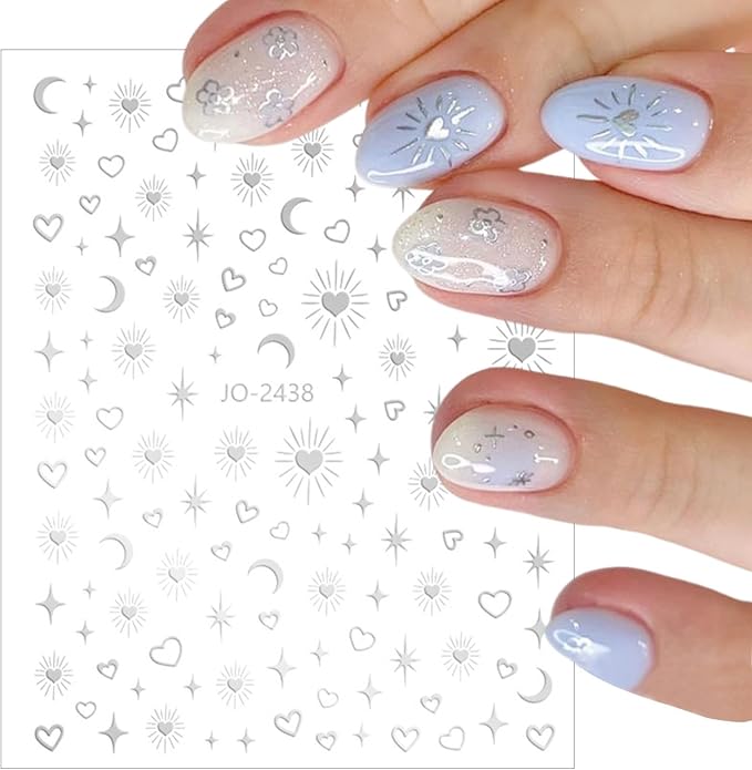 8 Sheets Laser Sliver Sun Moon Star Nail Art Stickers 3D Self-Adhesive Silver Stars Heart Nail Stickers Silver Metallic Hollow Heart Moon Star Design Nail Decals for Women Girls Nail Decorations