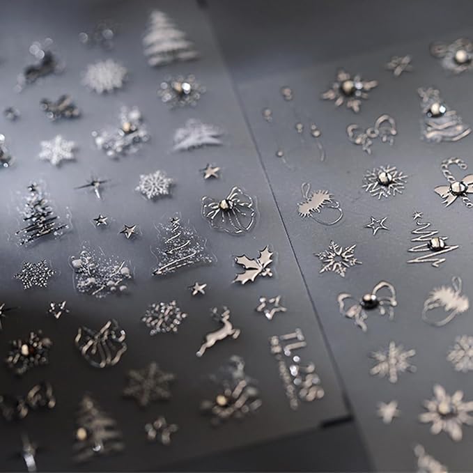 Christmas Nail Art Stickers 5D Embossed Christmas Nail Decals with Rhinestone 1PCS Silver Deer Xmas Tree Snowflake Xmas Nails Design Manicure Sticker Accessories for Women Holiday DIY Nail Decorations