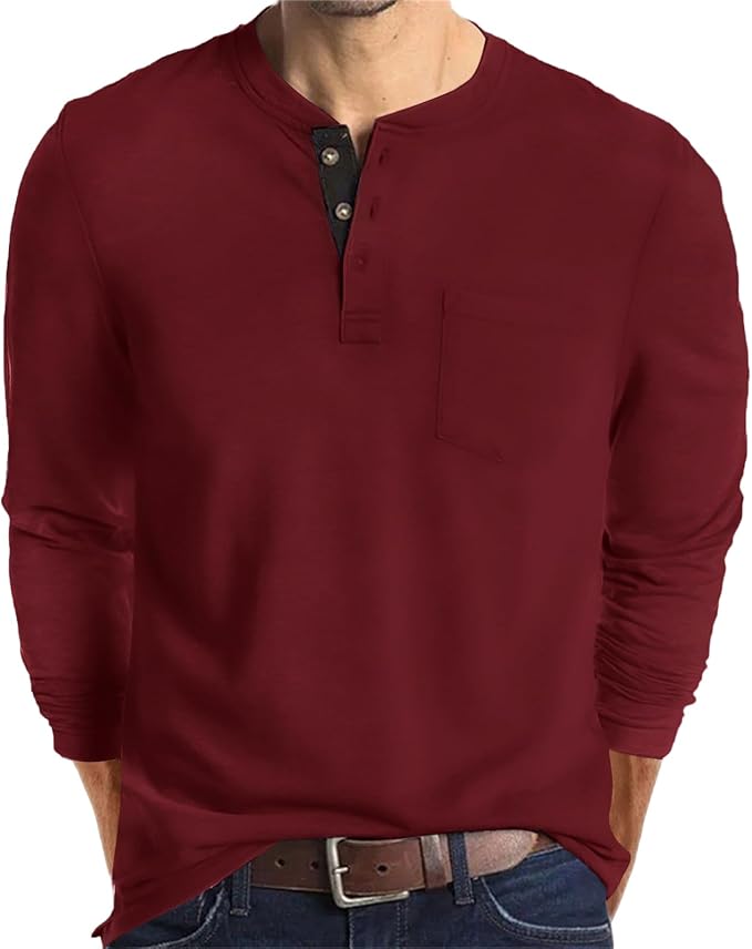 Lexiart Mens Fashion Henley Shirts Long Sleeve Button Cotton T-Shirt with Pocket