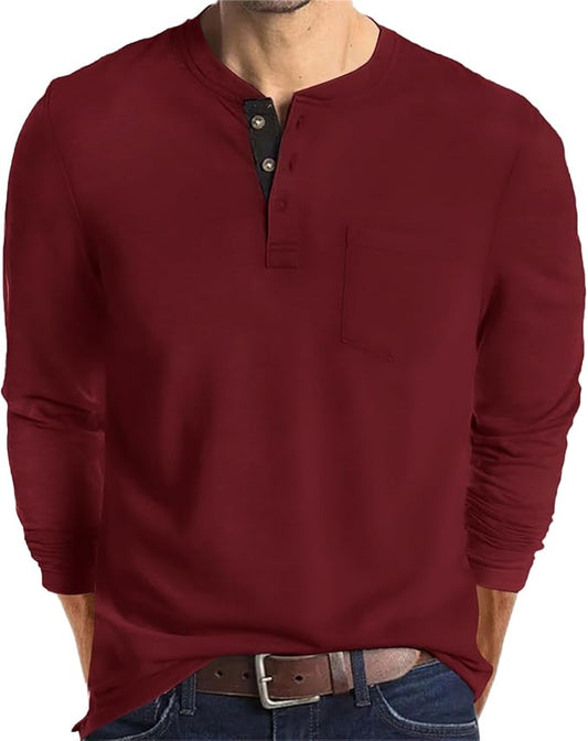 Lexiart Mens Fashion Henley Shirts Long Sleeve Button Cotton T-Shirt with Pocket