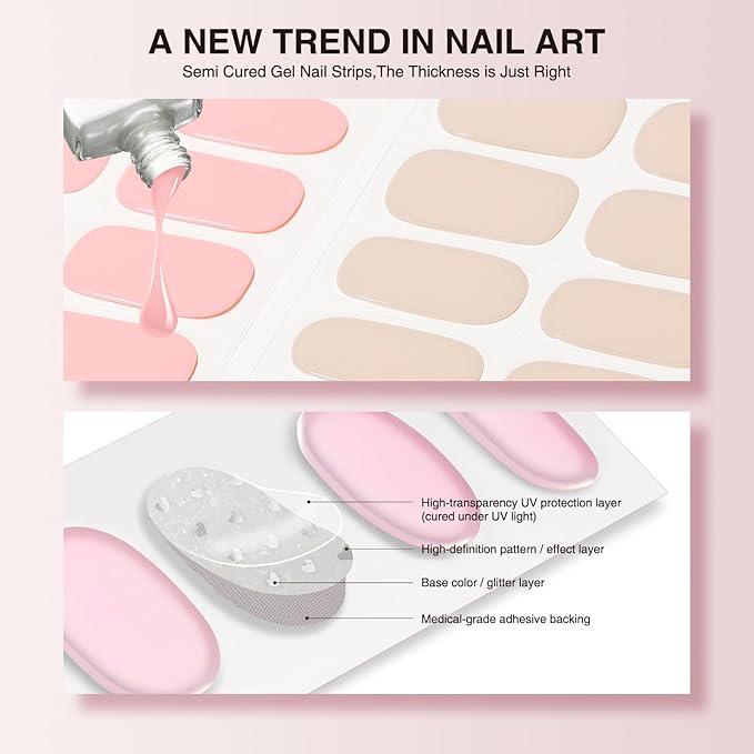 Semi Cured Gel Nail Wraps - 30PCS Long-Lasting Stickers, Salon-Quality, 2 Weeks Wear, Easy DIY Manicure - Soft Rose
