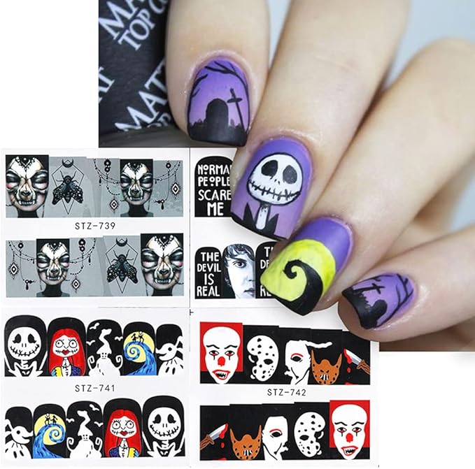 24 Sheets Halloween Nail Stickers Day of The Dead Water Transfer Nail Decals Skull Ghost Eye Hulk Clown Witch DIY Nail Art Stickers Halloween Party Supply Fingernails Toenails Decoration