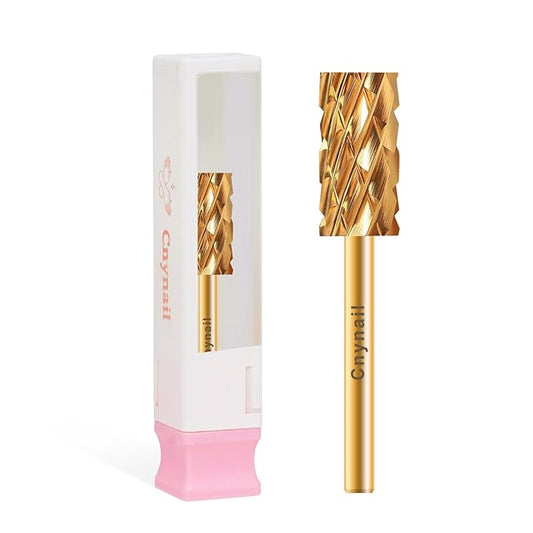 3/32" Large Barrel Flat Top Tungsten Carbide Nail Drill Bit Safety Bit for Gel & Acrylic Removal, Right-Way Rotating Efile Tip, Salon Electric File Accessory (5XC Grit, Gold)
