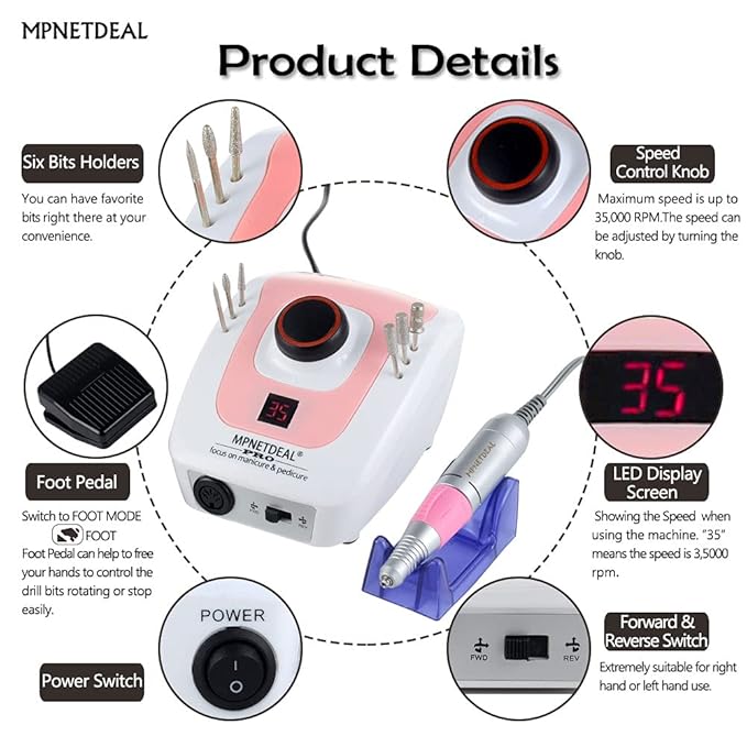 MPNETDEAL Pro Efile Nail Drill Machine 35,000rpm with LED Digital Display for Acrylic Nails Professional Manicure Drill Remove Nail Gel Polish Extension Gel Gift for Women Home and Salon Use