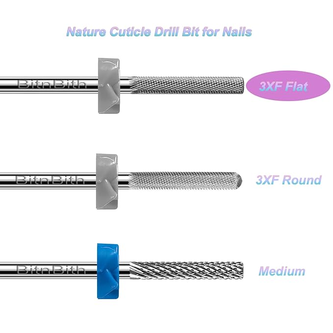 Nail Drill Bit Professional Safety Carbide Nature Nail Buffer Drill Bit 3/32” Cuticle Dead Skin Remover,Nail Prepare Bit Nail Bed File Manicure Two Way Rotate for Home Salon,3XF-Flat
