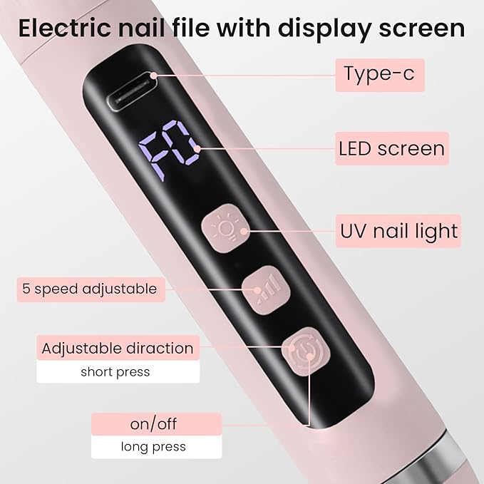 Cordless Nail Drill Electric Nail File with UV Light,Portable Professional Rechargeable Electric Nail Grinder Machine for Thick Nails,Acrylic Gel Nails & Natural Nails,for Home & Travel
