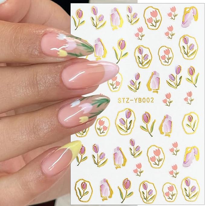 6Sheets Spring French Nail Stickers 3D Self Adhesive Flower Nail Decals Elegant Tulip Flower Bow Nails Art Stickers Blue Hibiscus Floral Nails Art Design Supplies for Women Girls DIY French Manicure