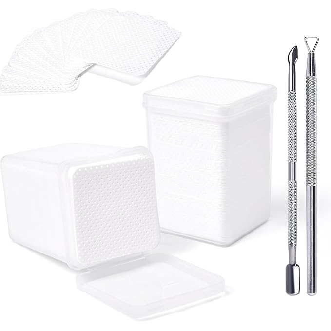Lint Free Nail Wipes 400Pcs Nail Polish Removal Wipes with 2Pcs Cuticle Pushers Disposable Non-Woven Nail Cotton Pads Super Absorbent Eyelash Extension Glue Cleaning Wipes Salon Home Use