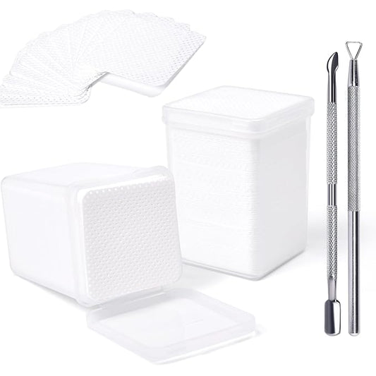 Lint Free Nail Wipes 400Pcs Nail Polish Removal Wipes with 2Pcs Cuticle Pushers Disposable Non-Woven Nail Cotton Pads Super Absorbent Eyelash Extension Glue Cleaning Wipes Salon Home Use