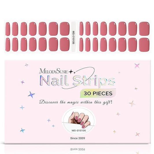 MelodySusie 30PCS Semi Cured Gel Nail Strips, Rose Pink, Salon Quality, Long Lasting, Easy to Apply, Includes 2 Prep Pads, Nail File and Wooden Stick