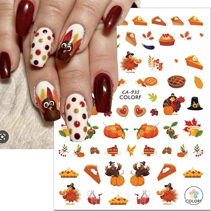6Sheets Fall Nail Stickers 3D Cute Turkey Pumpkin Nail Decals Self Adhesive Thanksgiving Nail Art Stickers Autumn Maple Leaf Nail Decoration Accessories Squirrel Manicure Supplies for Women DIY