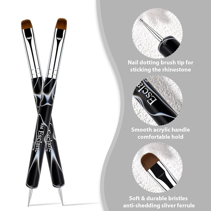French Manicure Brush, Esclane 2 Way French Nail Brush with Dotting Tool for Manicure Cuticle Clean Up Nail Art Design, French Tip Brush (Black, #14)