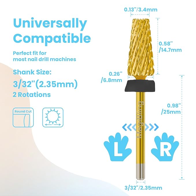 Nail Drill Bits 5 in 1 Tapered Barrel, 3/32'' Safety Tungsten Carbide Bits, Two-Way Rotation, Suitable for Manicure Pedicure Cuticle Gel Polishing, Technicians Bits, Grit: Extra Coarse.