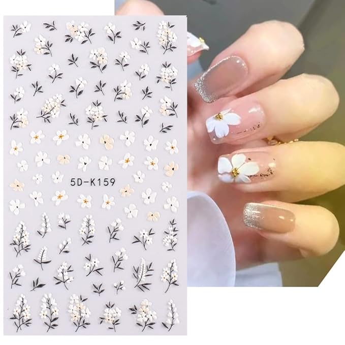 5D Embossed Daisy Flower Nail Art Stickers - Black White Floral Nail Decals 3D Self-Adhesive Nail Art Supplies Spring Blossom Leaf Bunny Nail Stickers for Women Acrylic Nails Art Decorations, 3Sheets