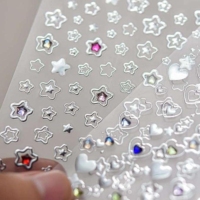 Star Nail Art Stickers Decals Shiny Silver Star 5D Embossed Nail Decals with Crystal, 1PCS Hollowed Stars Self-Adhesive Nails Design Manicure Sliders Y2K Nail Art Supplies for Women DIY Decorations