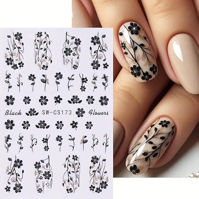 6Pcs Fall Nail Stickers Brown Orange Black Flower Leaves Nail Decals DIY Self Adhesive Autumn Leaves Design Thanksgiving Nail Decoration Supplies Winter Holiday Manicure Accessories for Women Girls