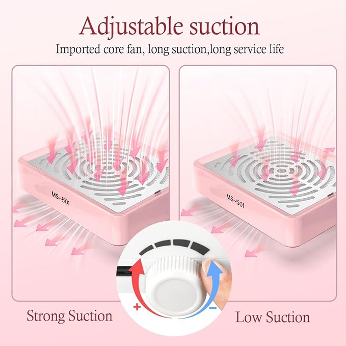 Nail Dust Collector with Lamp Powerful Nail Vacuum Fan, Pink Dust Collector Extractor, Electric Dust Suction Machine for Acrylic Gel Nails Polishing Low Noise
