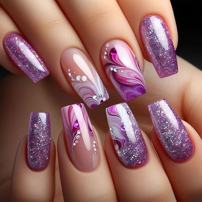 Purple French Manicure Press-On Medium Coffin False Nails Powder Purple Gradient with Rhinestone Design Glitter Shiny Full Cover Glue Nails for Women Girls Nail Art Set 24pcs