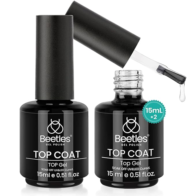 beetles Gel Polish 2Pcs 15ml No Wipe Top Coat Gel Nail Polish High Gloss Shiny Long-Lasting Clear Gel Top Coat, Soak Off Nail Lamp, Christmas Nails Home DIY Manicure and Nail Salon Gifts for Girls
