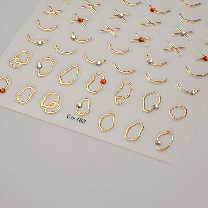 Gold Nail Stickers for Nail Art 5D Self-Adhesive Nail Decals Line Nail Stickers with Rhinestones Design Gold Irregular Nail Art Supplies Decoration Accessories for Women and Girls