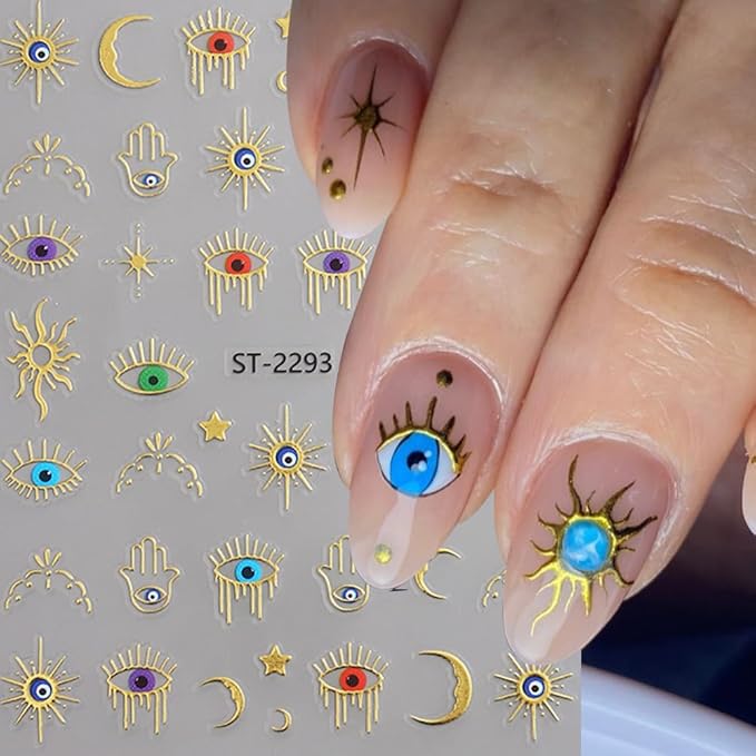 3 Sheets Evil Eye Gold Nail Stickers for Nail Art, 3D Self-Adhesive Star Eye Sun Snake Nail Decals, Nail Supplies Nail Art Design Accessories for Women and Girls Manicure DIY Decoration