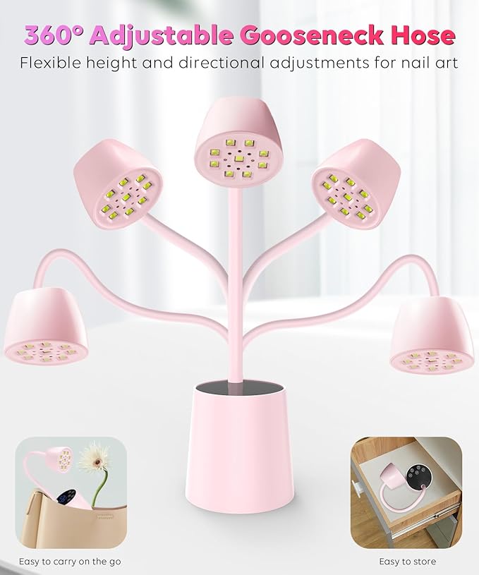 UV LED Nail Lamp - Gooseneck UV Light for Gel Nails Cordless USB 27W Nail Dryer 2 in 1 Gel Lamp and Desk Lamp with 4 Times & Auto Sensor Professional Fast Flash Curing Polish Nail Art(Pink)