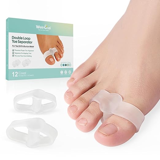 Welnove Pack of 12 Bunion Corrector, Toe Separators with 2 Loops, Big Toe Spacer Suitable for Bunion and Overlap Toe (Clear, Multi Size)