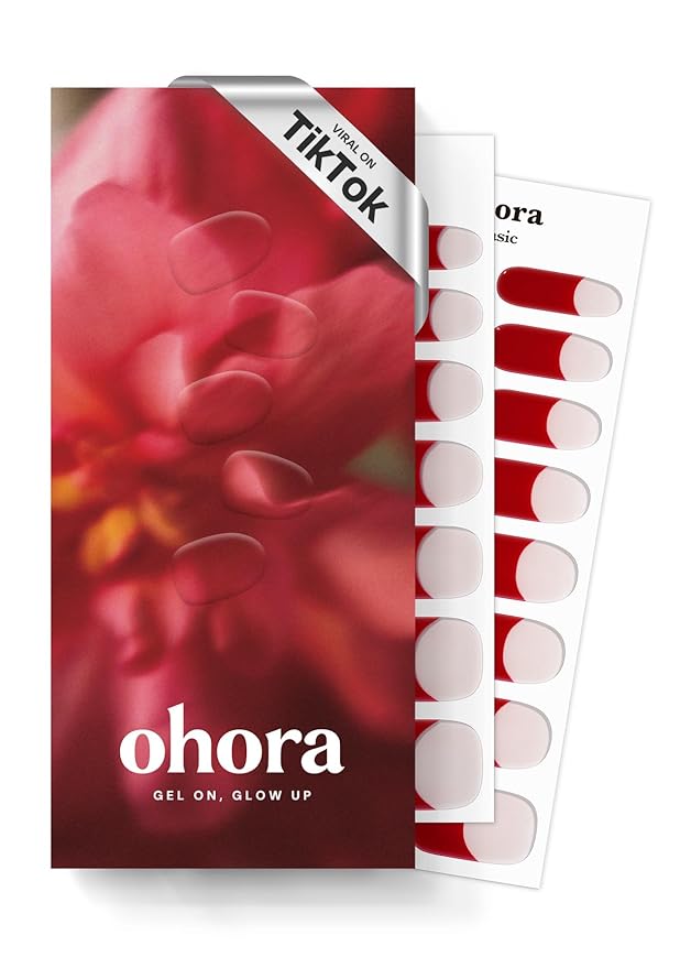 ohora Semi Cured Gel Nail Strips (N Ruby French) - Red, French, Works with Any UV/LED Lamps, Salon-Quality, Long Lasting, Easy to Apply & Remove - Includes 2 Prep Pads, Nail File & Wooden Stick