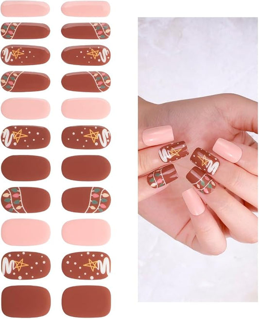 No Lamp Gel Nail Strips 22 Pcs Wraps - Coffee Pink, Easy Apply Gel Nail Stickers Long Lasting, Salon-Quality, 2 Prep Pads, 1 File, 1 Wooden Stick