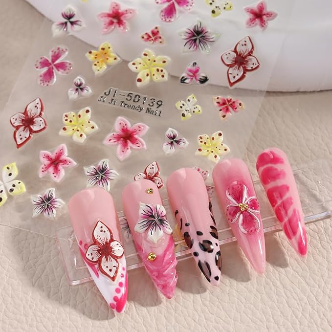 4 Sheets Embossed Flower Nail Art Stickers - Self-Adhesive Nail Decals, Colorful Floral Petals, 5D Acrylic Carved Design for Women & Girls Manicure Decoration