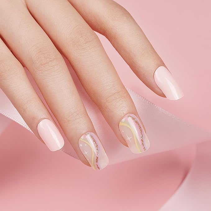 20pcs Semi Cured Gel Nail Strips, Real Nail Polish Art Stickers, Starry River Pink Gel Nail Stickers - Work with Any UV Lamp, Long Lasting Full Wraps with Nails File and Stick