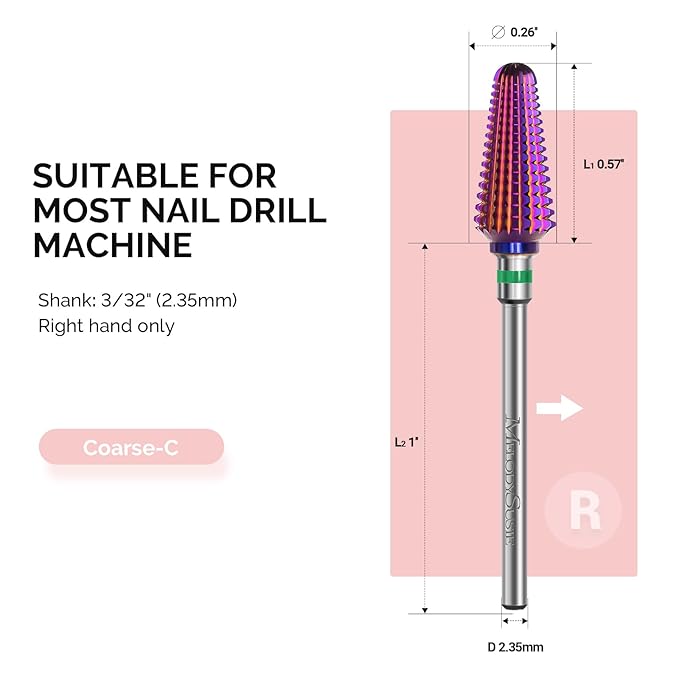 MelodySusie Professional Tornado Nail Drill Bits, 3/32'' Carbide Tungsten Multi-function Bits, Suitable for Manicure Pedicure Cuticle Gel Polishing, Salon Bits, Purple, Series Bit-X, Coarse