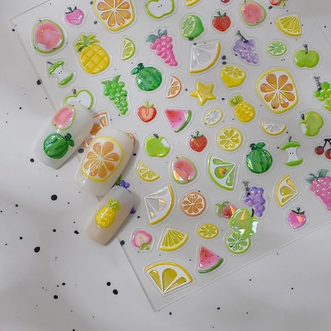 Summer Fruit Nail Art Stickers, 2 Sheets, 5D Embossed Self-Adhesive Decals with Strawberry, Grape, Lemon, Apple, Cherry Design for DIY Nail Decoration